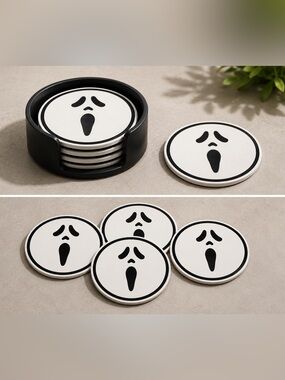 Ghost Face Coaster Set with Holder 4” Horror Movie Inspired Coasters 3D Printed